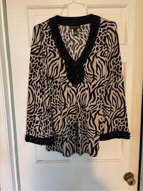INC International Concepts Black and Cream Embellished Animal-Print V-Neck Tunic